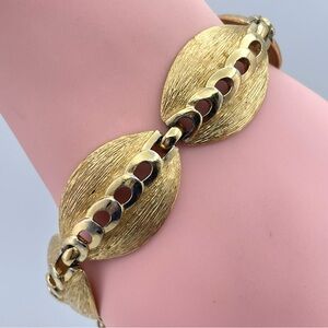 Monet Gold Tone Brushed Oval Link Bracelet Vintage Designer Statement